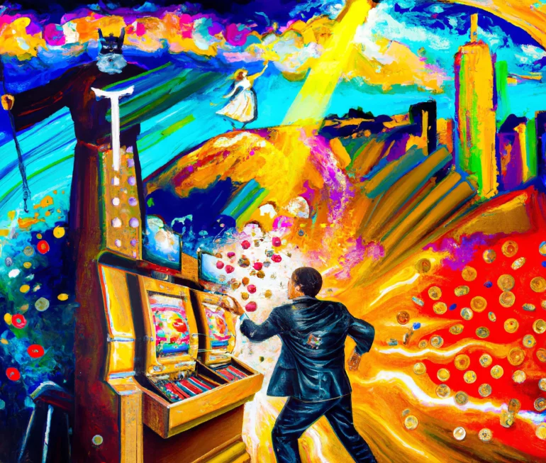 Выразительная картина маслом, изображающая игрока казино Картина маслом, наглядно показывающая опасность бесконтрольной игры на слотах